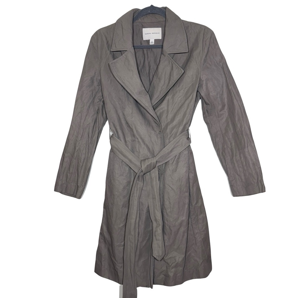 Banana Republic Grey Trench Coat Jacket Tie Belt Minimalist Cotton Raincoat Chic